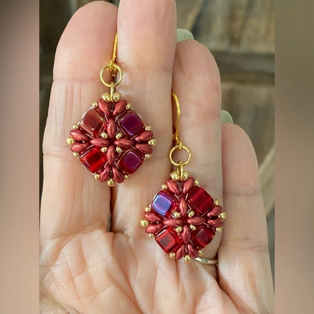 Handmade Ruby Red Czech Glass Bead Gold Tone Drop Earrings